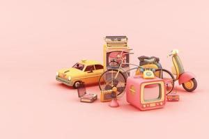 Alter Fernseher in rosa Farbe und altes Zeug Schriftsteller Radio Scooter Fahrrad in bunten Pastelltönen 3D-Rendering foto