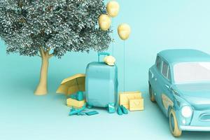 Retro-Konzeptauto mit Gepäck, umgeben von Reiseausrüstung in grünem Farbton. 3D-Rendering foto