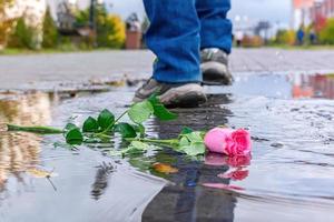 Eine Rose liegt in einer Pfütze vor dem Hintergrund von Passanten foto