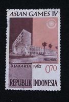 sidoarjo, jawa timur, indonesien, 2022 - philatelie, eine sammlung alter schulmarken mit dem thema des djakarta-bildes von 1962 foto