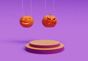 3D-Rendering von Halloween fliegender Kürbis, Podium, minimales Halloween-Hintergrunddesignelement foto