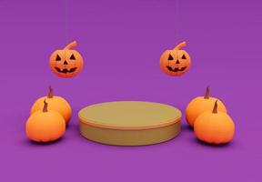 3D-Rendering von Halloween fliegender Kürbis, Podium, minimales Halloween-Hintergrunddesignelement foto