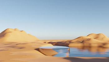 abstrakter dünenklippensand mit metallischer podiumsplattform. surrealer wüstenlandschaftshintergrund. Szene der Wüste mit glänzenden metallischen Bögen geometrisches Design. 3D-Rendering. foto