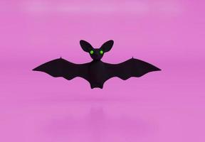 böse Fledermaus fliegt. Fledermaus-Halloween-Hintergrund. Fledermaus Cartoon 3D-Rendering. europäische fledermausnacht. halloween beängstigender oktober lokalisiert auf rosa hintergrund foto