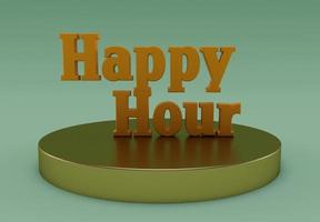 Happy Hour Goldfarbe, 3D-Darstellung der Happy Hour an der Bar, minimaler Schriftzug mit Wecker foto