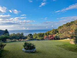 Blick auf die unberührte Bucht einer griechischen Insel von einem Garten mit Blumen und getrimmtem Gras. foto