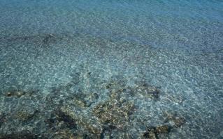 Hintergrund und Textur des blauen Wassers mit kleinen Wellen. das Wasser ist klar und durchsichtig. unten sieht man Sand und Felsen. foto