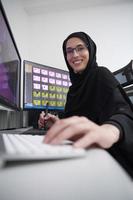 muslimische grafikdesignerin, die mit grafiktablett und zwei monitoren am computer arbeitet foto