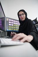 muslimische grafikdesignerin, die mit grafiktablett und zwei monitoren am computer arbeitet foto