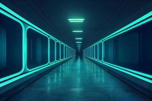 abstrakte sci-fi futuristische flur dunkelkammer in der raumstation mit leuchtendem neonlichthintergrund, digitales kunstdesign foto