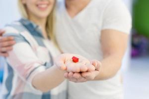 paar, das kleines rotes haus in den händen zeigt foto