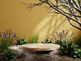 Holzpodium im tropischen Wald für Produktpräsentation und gelben Hintergrund. foto