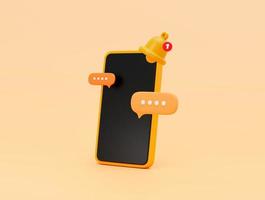 smartphone mit erinnerungs-popup-glockenbenachrichtigung und blasen-chat-nachricht für web-banner-symbol oder symbolhintergrund 3d-illustration foto