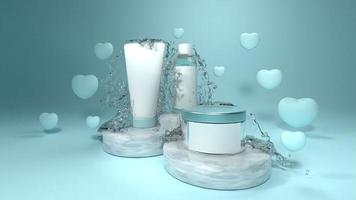 Weißes Kosmetikrohr auf der Marmoroberfläche mit Herzformen und Spritzwasser, 3D-Darstellung foto