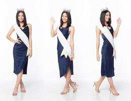 in voller Länge Body of Miss Beauty Pageant Contest tragen blaues Abendkleid mit Pailletten und Diamantkrone foto