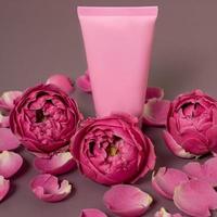 Rosa blühende Rosen und Gesichtscreme auf pastellrosa Hintergrund. romantischer blumenrahmen für die hautpflege. Platz kopieren. Attrappe, Lehrmodell, Simulation foto