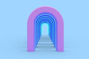 Mehrfarbiger Bogen im 3D-Raum auf blauem Hintergrund. Tunnel betreten. foto