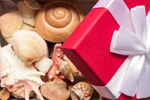 Rote Geschenkbox mit weißer Schleife voller Muscheln. tropischer urlaub im wintersaisonkonzept foto