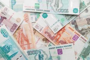 russischer Geldhintergrund. Rubel Banknoten Nahaufnahme Textur foto