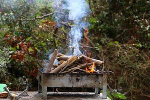 Gemüse und Fleisch werden auf dem Grill gebraten. foto