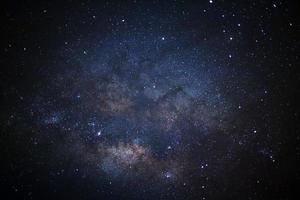 Nahaufnahme der Milchstraße mit Sternen und Weltraumstaub im Universum, Foto mit langer Belichtungszeit, mit Korn.