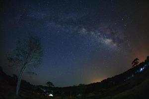 milchstraße und silhouette des baums im phu hin rong kla nationalpark, phitsanulok thailand, langzeitbelichtungsfoto. mit korn foto