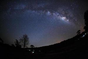 milchstraße und silhouette des baums im phu hin rong kla nationalpark, phitsanulok thailand, langzeitbelichtungsfoto. mit korn foto