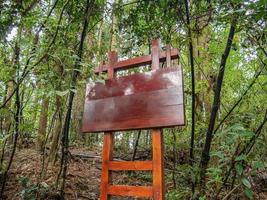 leeres Holzbanner auf dem Berg am nebligen Tag foto