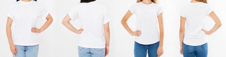 weißes T-Shirt der Frauen lokalisiert auf weißem Hintergrund, T-Shirt mit zwei Mädchen foto