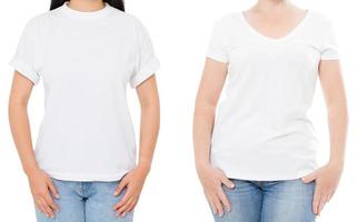 Frau weißes T-Shirt Mockup, leeres leeres T-Shirt, Mädchen im leeren T-Shirt-Kopierraum, weißes T-Shirt isoliert auf weißer Hintergrundcollage oder Set foto