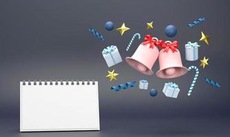 kalender für festliche feierlichkeiten zu weihnachten und neujahr party weihnachtskugeln bänder geschenkboxen auf rotem hintergrund. foto