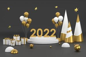 2022 Goldener Weihnachtsbaumballon und Podium für die Präsentation von Produkten beim Weihnachtsfest. schwarzer Hintergrund foto