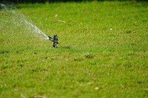 Sprinklergras-Arbeitssystem, das auf dem Feld im Garten arbeitet. foto