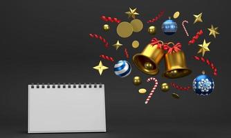 ein kalender für festliche feierlichkeiten zu weihnachten und neujahr party weihnachtskugeln bänder geschenkboxen auf rotem hintergrund. foto
