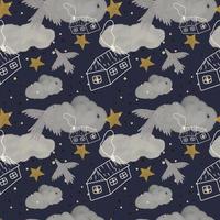 süßes nahtloses quadratisches muster mit nachthimmel, vögeln und sternen. trendige illustration in russischer gouache und aquarell gemalt foto