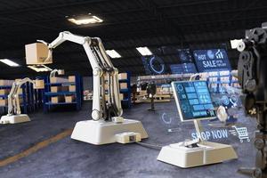 ai roboterarm objekt für fertigungsindustrie technologie produkt export und import zukünftiger roboter cyber im lager von hand mechanische zukunftstechnologie foto
