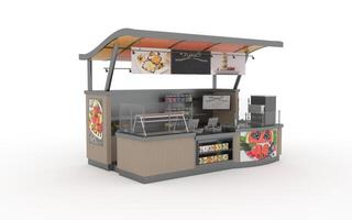 3D-Illustration Kiosk steht Stand Markt Warenkorb zum Verkauf Produkt Essen trinken Holzdekoration Edelstahlkonstruktion mit Leerzeichen Logo Unternehmen. Bild mit hoher Auflösung, weißer Hintergrund foto