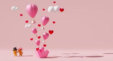 heißluftballon und teddybär für valentinstaghintergrund in rosa pastellkomposition, 3d-illustration oder 3d-rendering, kopierraum foto