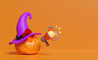 3D-Halloween-Kürbis-Urlaubsparty mit Megaphon, Hexenhut isoliert auf orangefarbenem Hintergrund. Marketing-Shopping, Werbenachrichten für Social-Media-Netzwerke Konzept, 3D-Darstellung, Beschneidungspfad foto