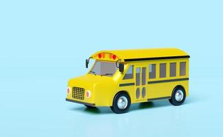 3D-gelbes Schulbus-Cartoon-Schild-Symbol, Fahrzeug für den Transport von Schülern isoliert auf blauem Hintergrund. zurück zur schule, 3d-darstellung foto