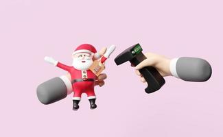 hände halten barcode-scanner mit weihnachtsmann-puppe, preisschilder isoliert auf rosa hintergrund, 3d-illustration oder 3d-rendering foto