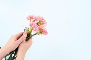 muttertagshintergrund, nelkenbündel - schöner blassrosa blumenstrauß isoliert auf pastellblauem tisch, draufsicht, flache lage, kopierraumdesign. foto