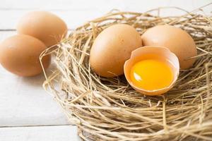 Schließen Sie herauf frische organische Eier auf Nest auf weißem hölzernem Hintergrund. foto
