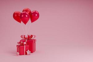 mock up ballon mit geschenkbox,heliumballons,geschenkbox.realistische dekorative designelemente.pink,korallenfarbe.poster,banner happy birthday.christmas,valentie,festlicher hintergrund.3d render illustration. foto