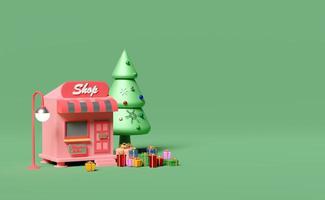 Ladenfront mit Weihnachtsbaum, Geschenkbox isoliert auf grünem Hintergrund. Start-Franchise-Geschäft, Glückskarten, festliches Neujahrskonzept, 3D-Illustration, 3D-Darstellung foto