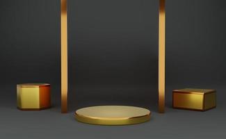 goldenes podium leer mit geometrischen formen in grauer komposition für moderne bühnendarstellung und minimalistisches mockup, abstrakter schaufensterhintergrund, konzept 3d-illustration oder 3d-rendering foto