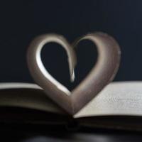ein Liebesroman. offenes Buch Nahaufnahme weicher Fokus. Die Seiten sind in Herzform auf grauem Hintergrund verschwommen angeordnet. foto