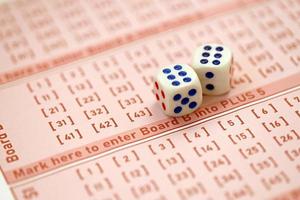 würfelwürfel liegen auf rosa spielblättern mit zahlen zum markieren, um lotterie zu spielen. lotteriespielkonzept oder spielsucht. Nahansicht foto