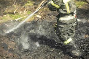 Feuerwehrmann löscht Wald. Rettungsschwimmer gießt Wasser aus Schlauch. Arbeit des Rettungsdienstes. foto