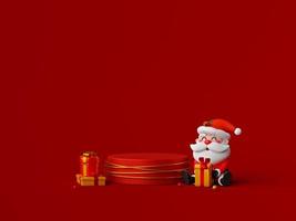 der weihnachtsmann sitzt neben dem podium mit weihnachtsgeschenk, 3d-illustration foto